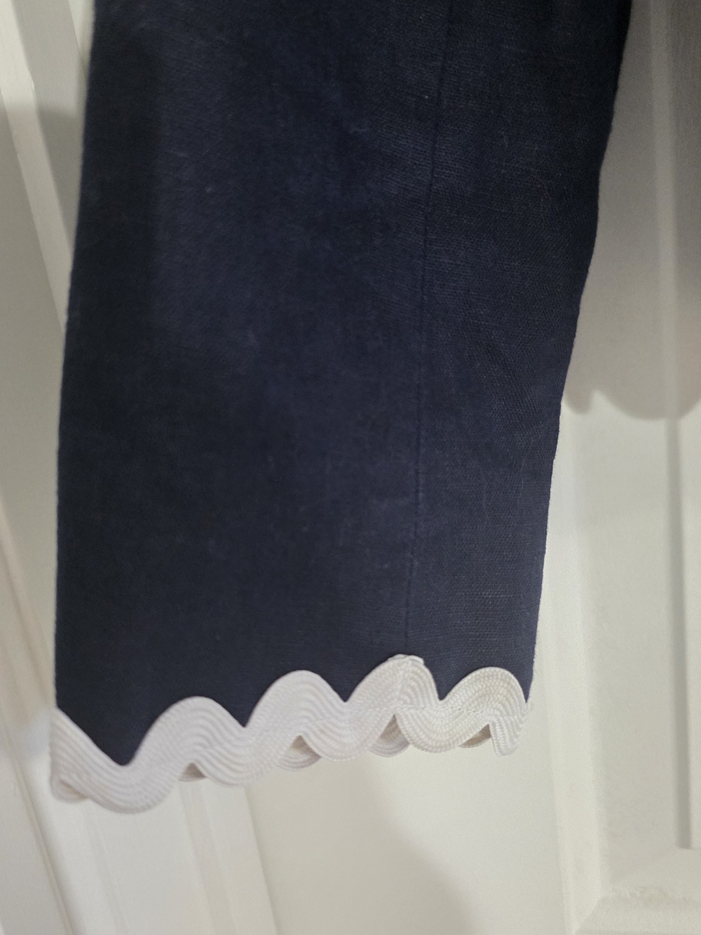 J.Crew Y2K Navy Linen Cotton Ric Rac Trim Lady Jacket Blazer Size 2 -18 inch ptp - Picture 6 of 11